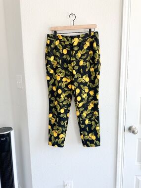 Zara Black & Yellow Lemon Botanical Print Ankle Cropped Trousers Size Medium